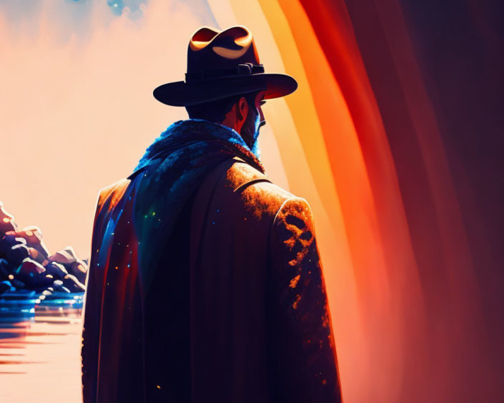 Silhouetted figure in hat and coat against vibrant abstract background.