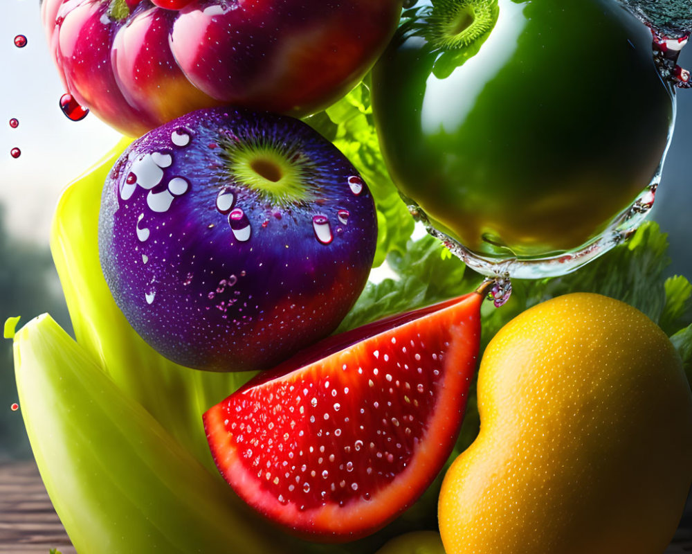 Colorful fruits and vegetables with water droplets in splash setting