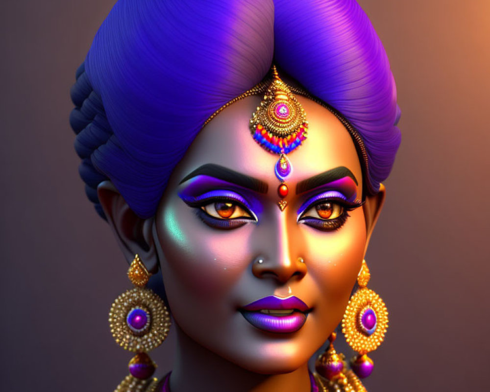 3D illustration of woman with vibrant blue hair and traditional Indian jewelry