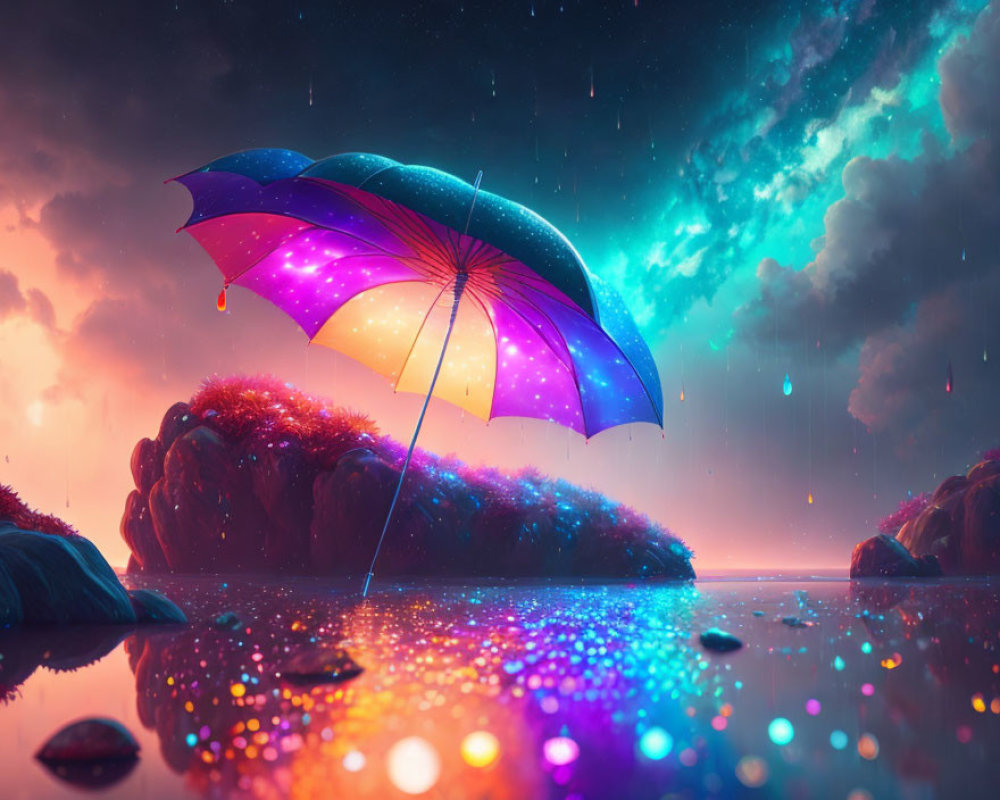 Colorful Umbrella Floating in Surreal Stormy Landscape