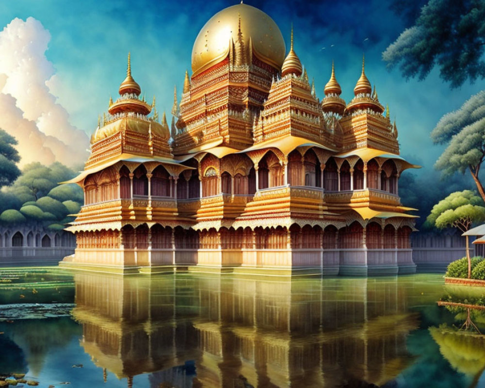 Golden-domed palace reflected in tranquil water amidst lush greenery under blue sky