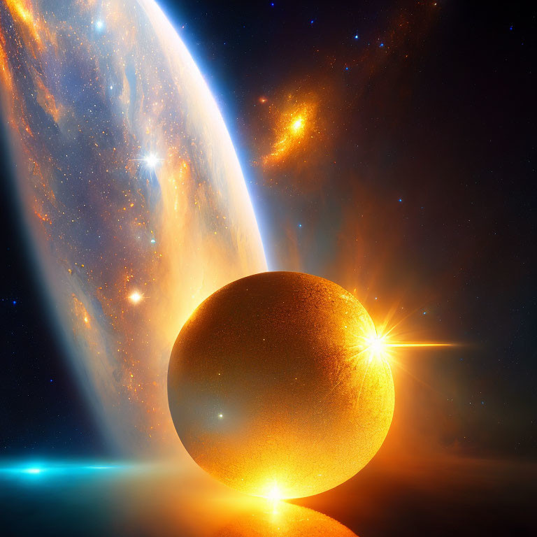 Glowing planet, starburst, and galaxies in celestial scene