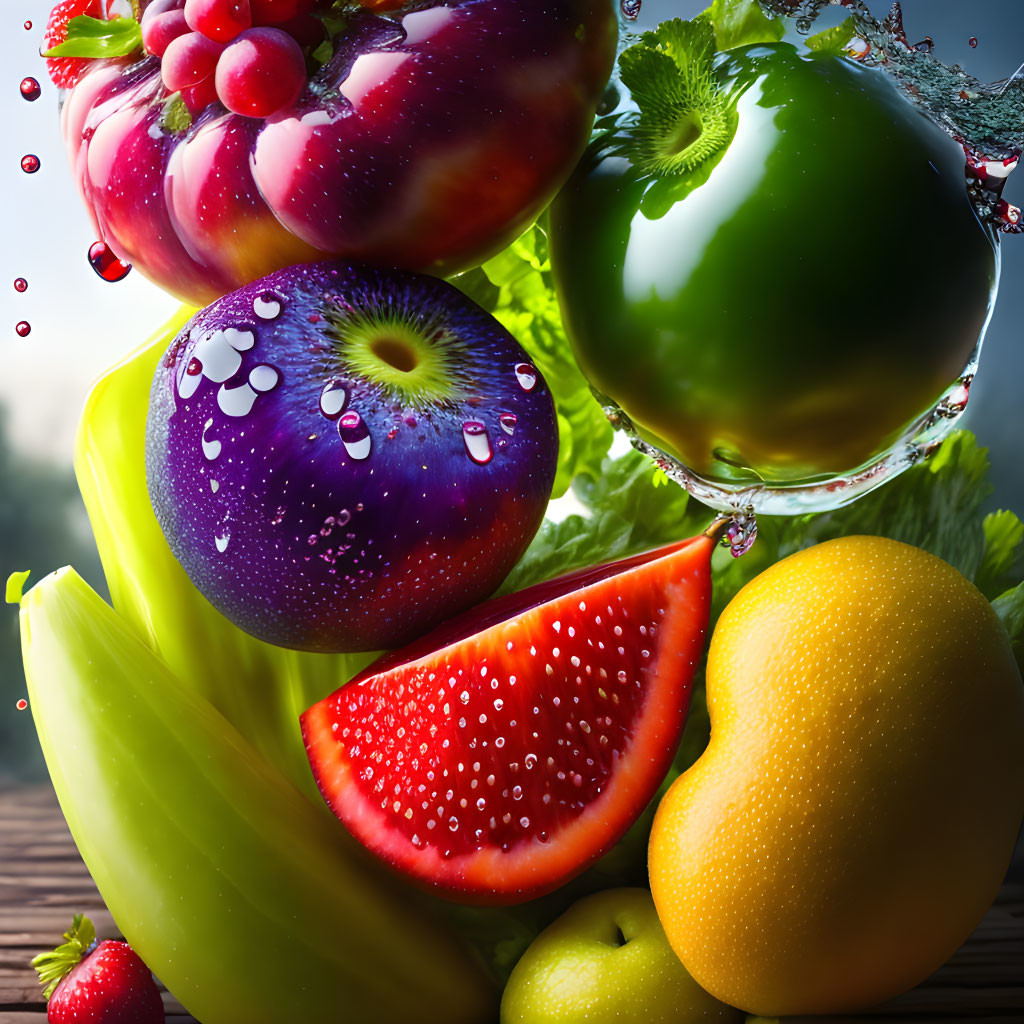 Colorful fruits and vegetables with water droplets in splash setting