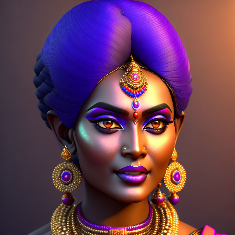 3D illustration of woman with vibrant blue hair and traditional Indian jewelry