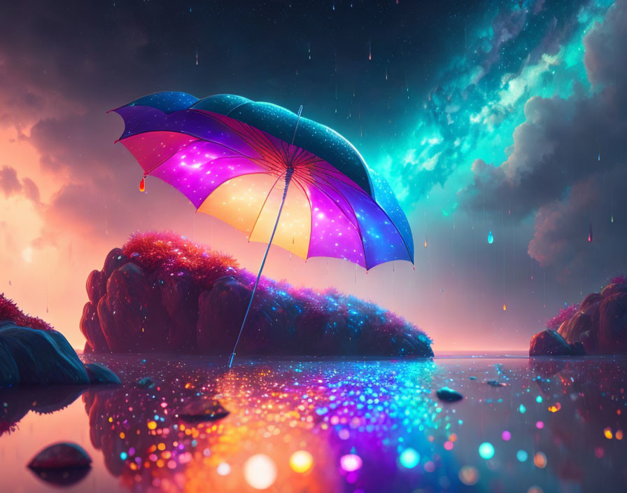 Colorful Umbrella Floating in Surreal Stormy Landscape