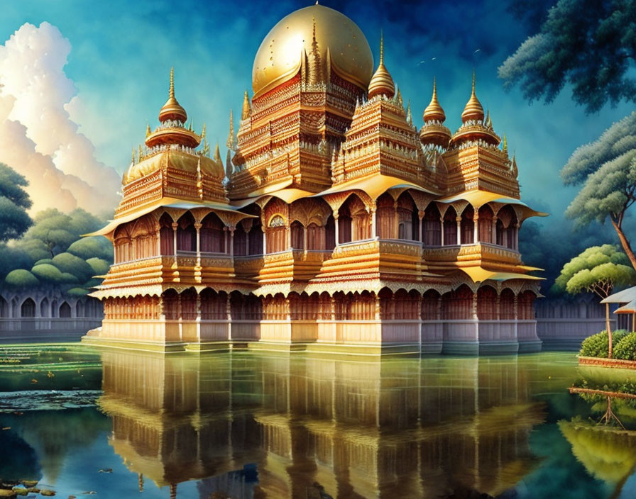 Golden-domed palace reflected in tranquil water amidst lush greenery under blue sky