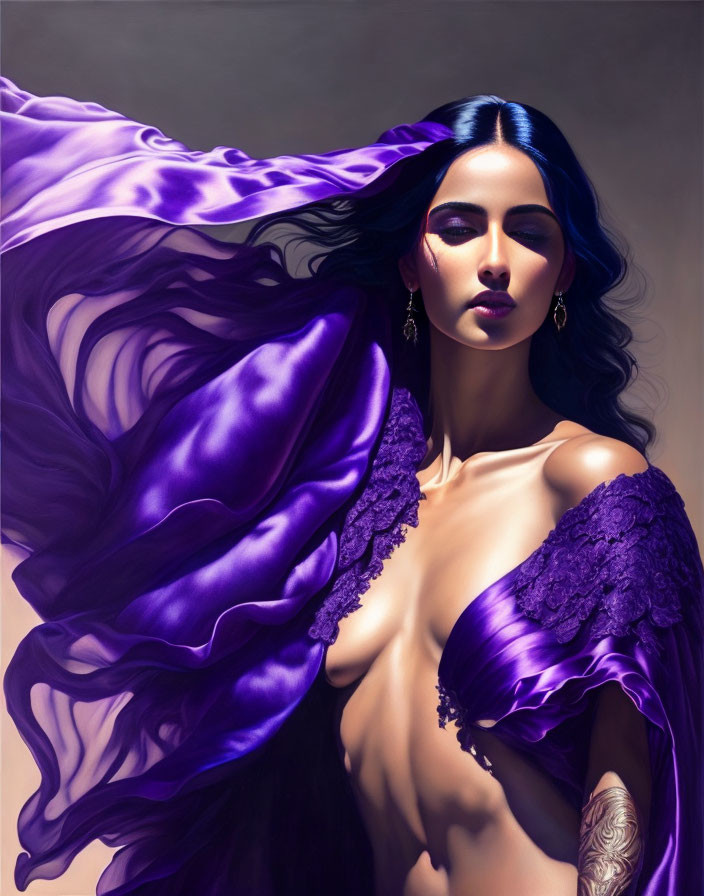 Digital artwork: Woman with blue hair, tattoos, flowing purple garment, intricate lace details, dramatic pose