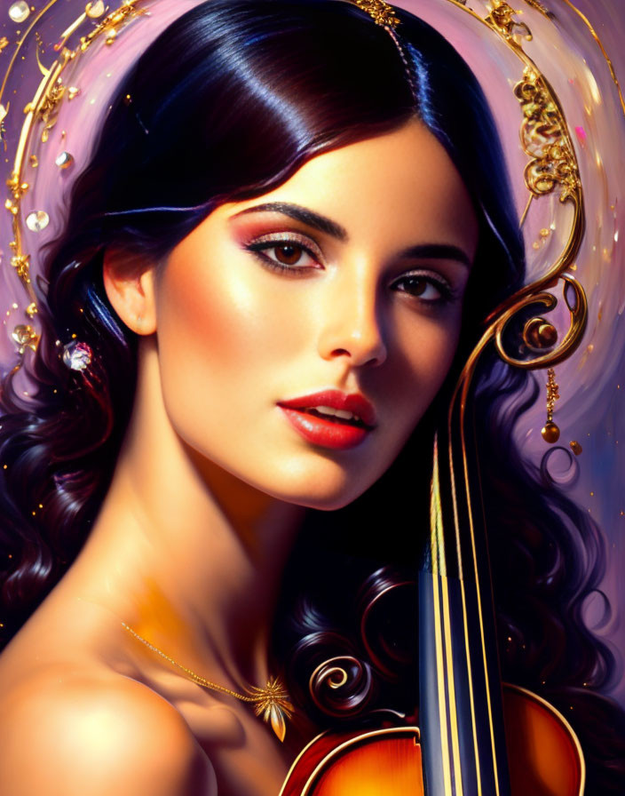 Dark-haired woman with red lipstick holding a violin in warm glowing light.