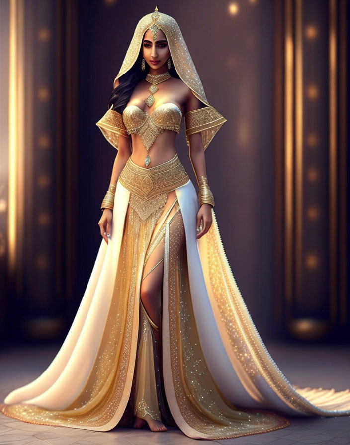 Ornate woman in golden costume with veil and headdress against glowing lights