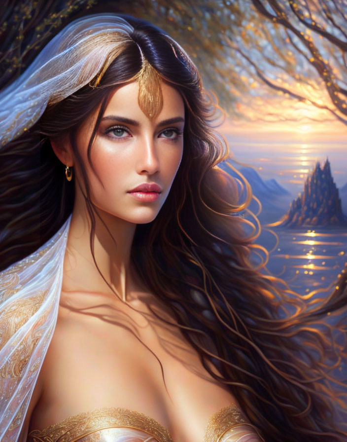 Illustrated woman with brown hair and blue eyes in gold garment by golden tree and water