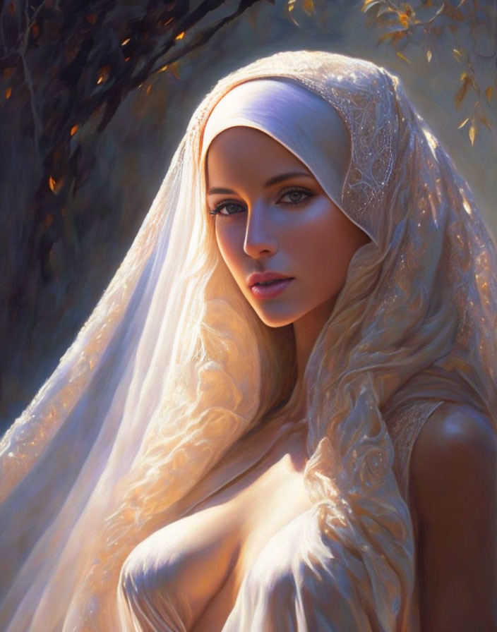 Digital portrait of woman with pale skin and blue eyes in white veil with gold embroidery against woodland backdrop