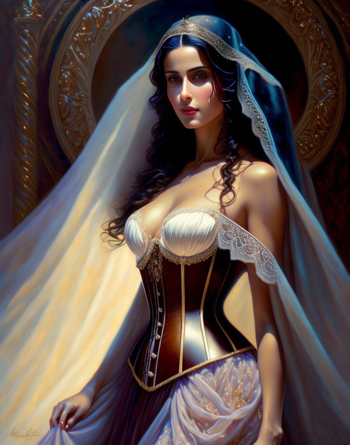 Classical art style: Elegant bride in corseted gown with sheer veil.