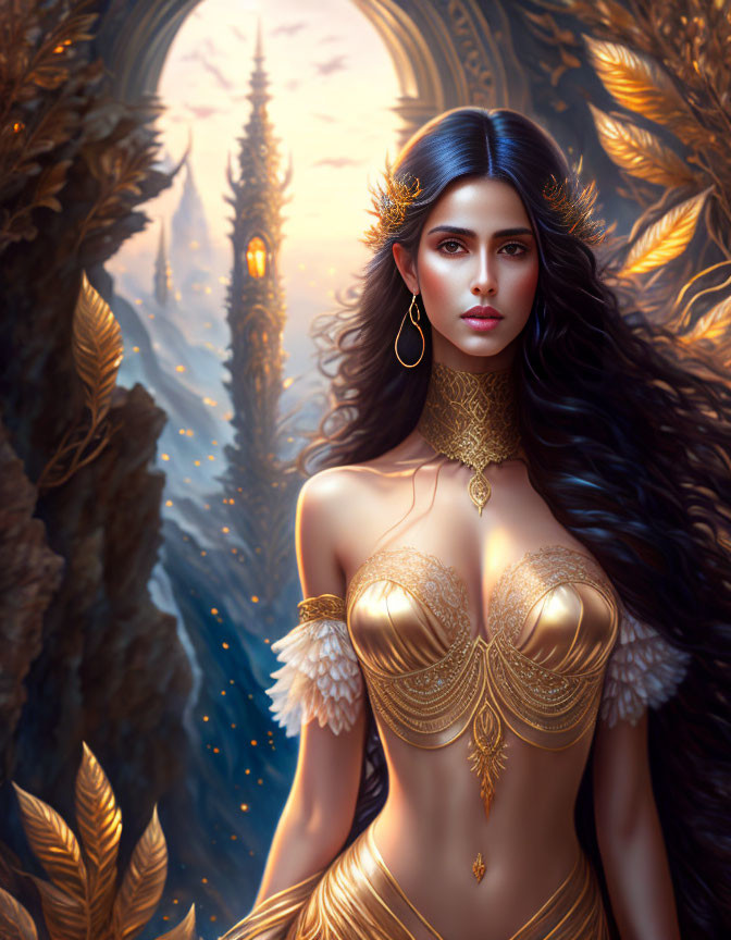 Regal woman with dark hair in golden bodice before glowing cityscape