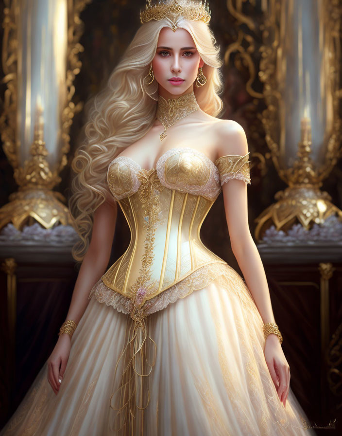 Blonde Woman in Gold-Trimmed Ivory Ball Gown in Golden Mirror Room