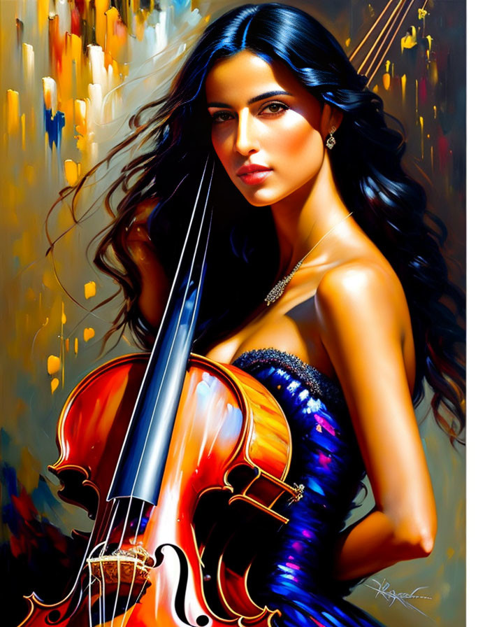 Colorful Artwork of Woman with Violin in Blue Dress