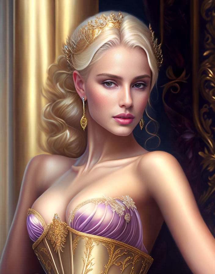 Regal woman with blonde hair, gold crown, and purple gown