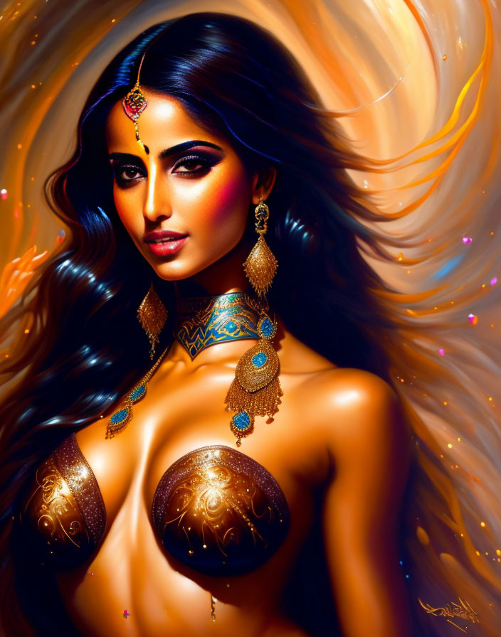 Illustration of woman with flowing hair and gold jewelry on fiery background