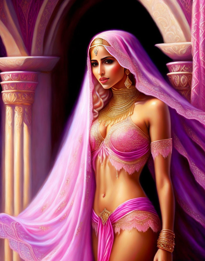 Regal woman in pink veil and gold jewelry beside stone pillars