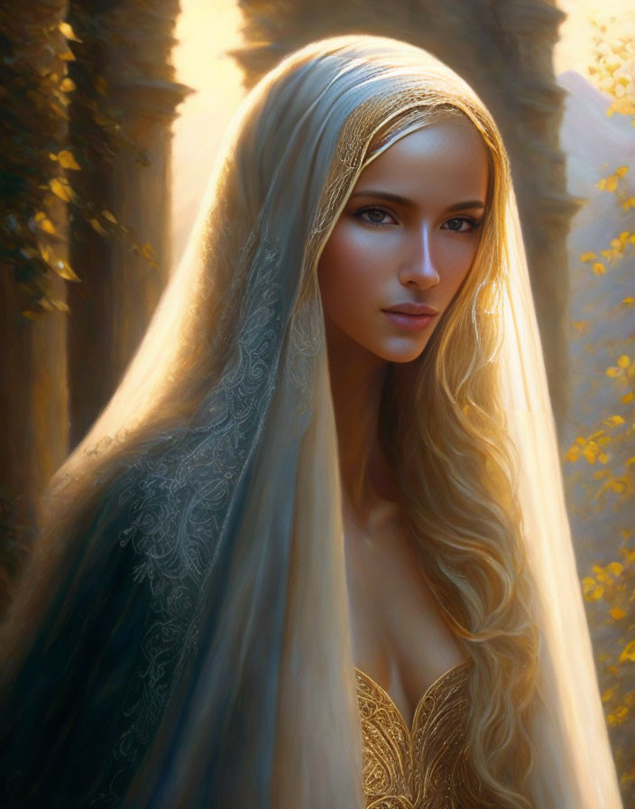 Blonde woman in golden gown in warm forest setting