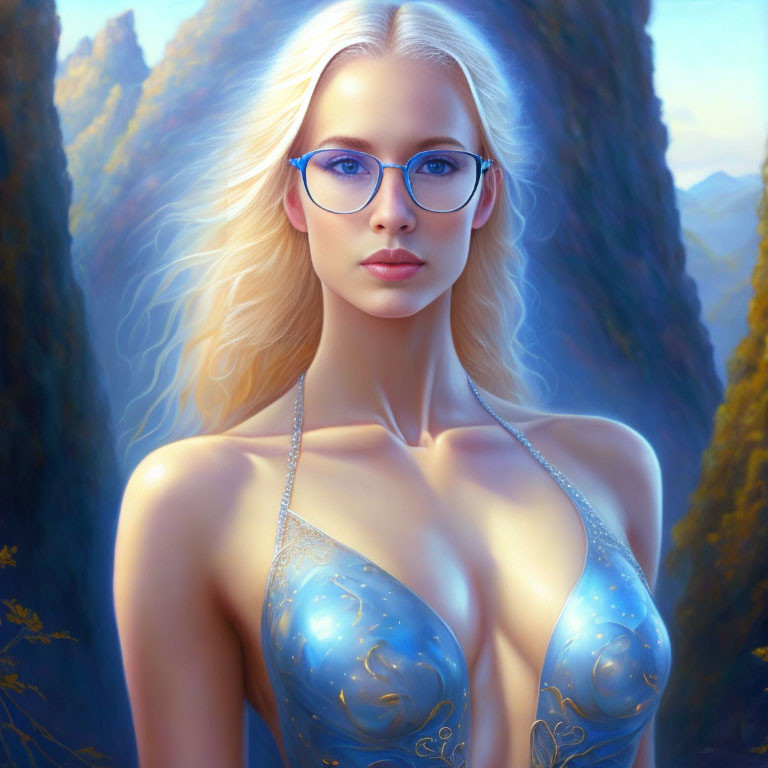 Blonde woman with blue glasses and ornate top in forest setting