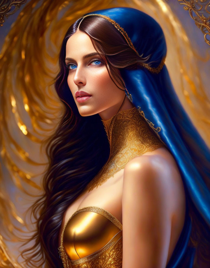 Illustrated woman in gold and blue attire with flowing hair against golden backdrop