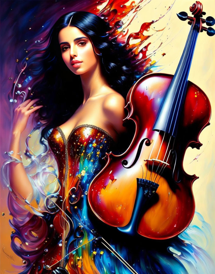 Vibrant artwork of woman with violin in colorful swirls