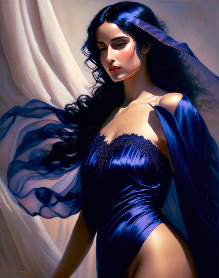 Portrait of woman in blue gown with dark hair and veil