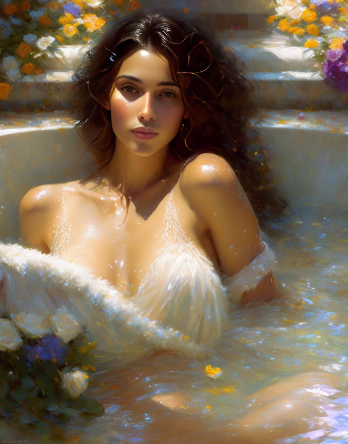 Dark-haired woman bathes surrounded by floating flowers in warm, ethereal glow