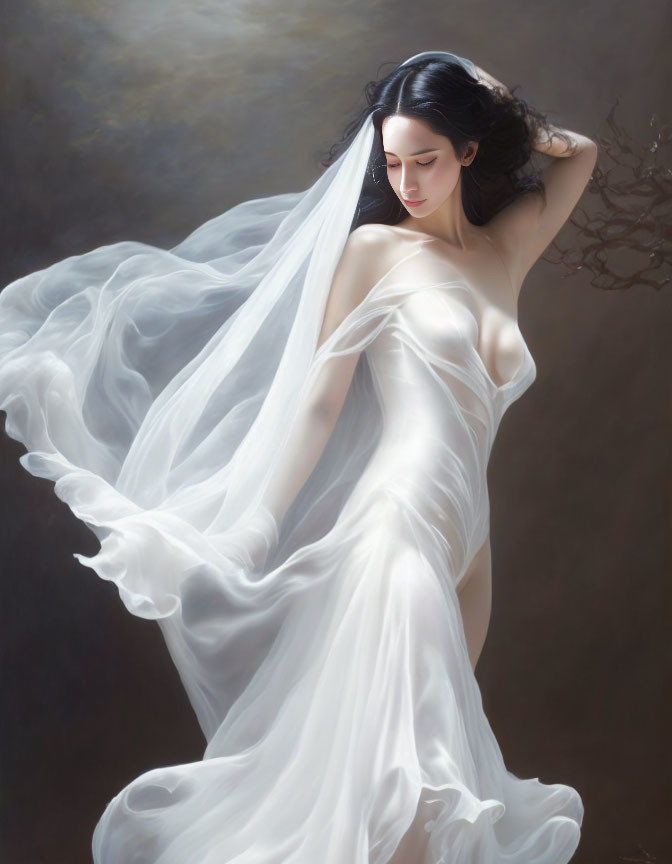 Ethereal woman in flowing white garment against muted backdrop