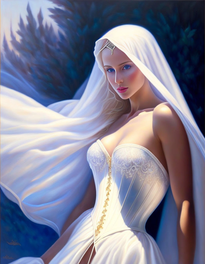 Pale-skinned woman in bridal gown with blue eyes and veil, set against evergreens