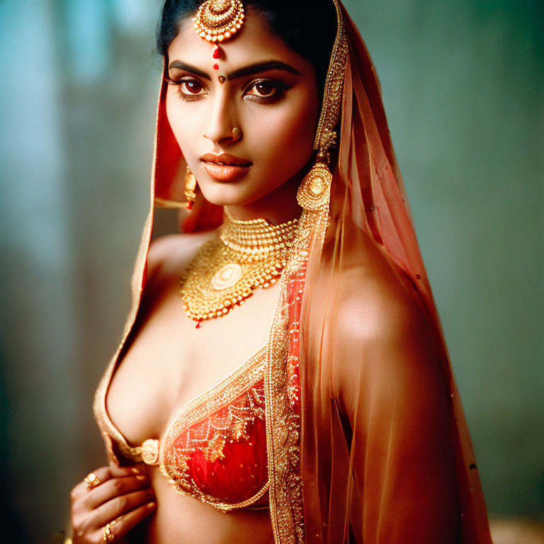 Traditional Indian Bridal Attire with Red Saree and Gold Jewelry