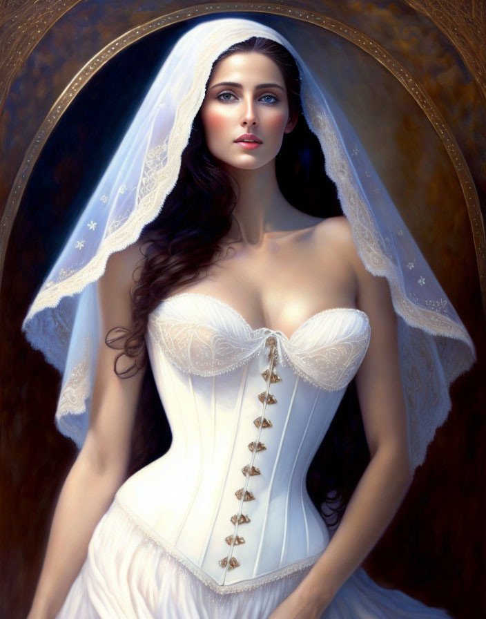 Bride painting: Long brown hair, white corset dress, serene gaze