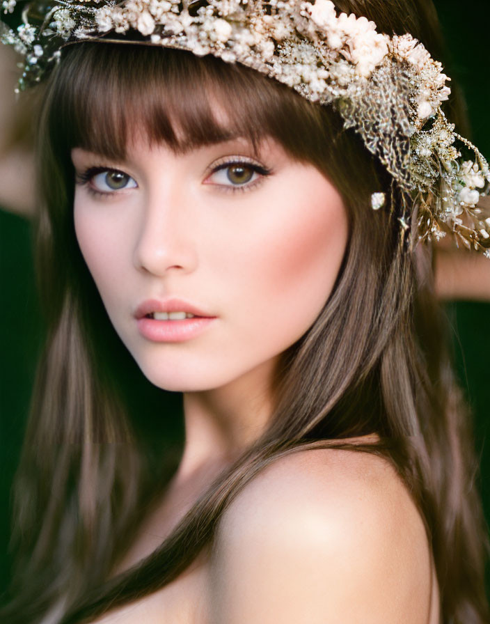 Woman with Bangs and Blue Eyes Wearing Floral Headpiece in Front of Green Background