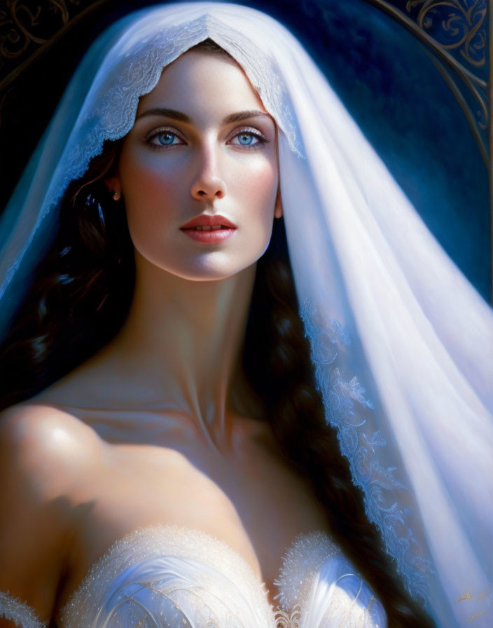 Woman in white bridal gown with lace details and blue eyes.