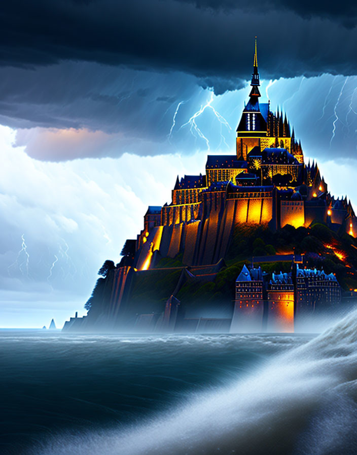 Castle on Cliff with Stormy Skies and Lightning Strikes Above Turbulent Sea