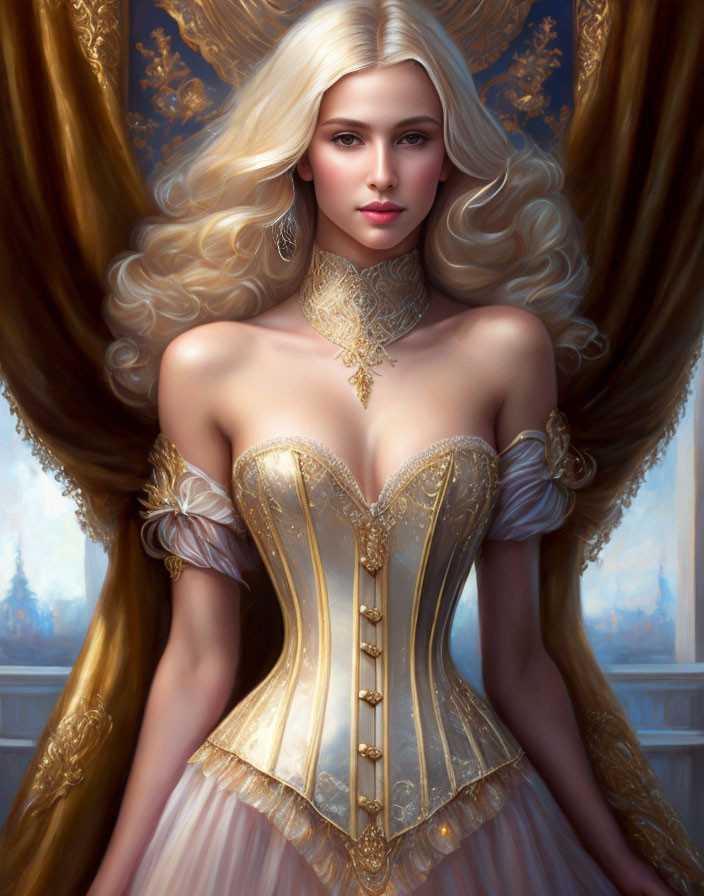 Blond woman in gold corset and choker portrait.