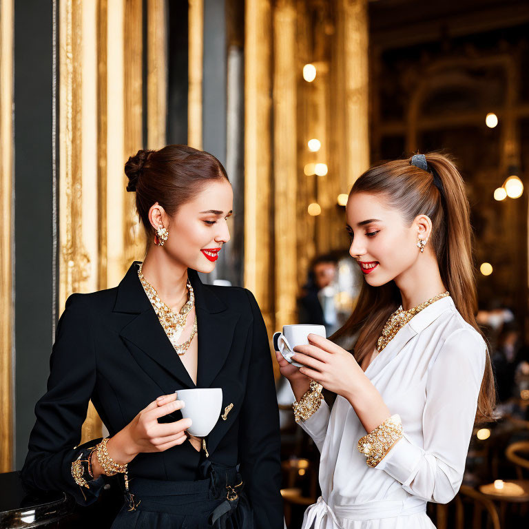 Elegantly Dressed Women Chatting in Luxurious Golden Decor