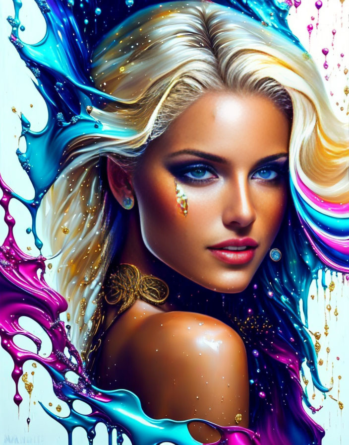 Colorful digital portrait of a woman with blue eyes and blonde hair surrounded by liquid splashes