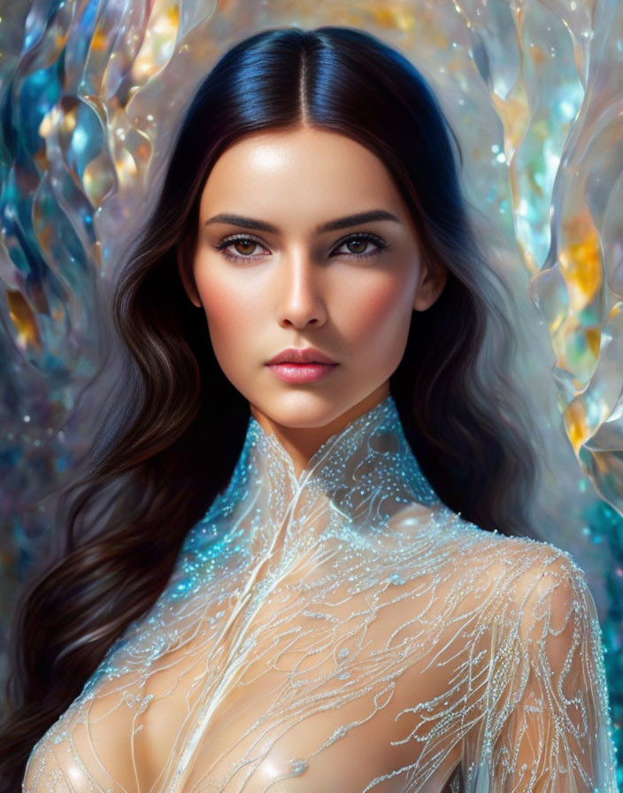 Dark-haired woman in translucent garment with shimmering embroidery