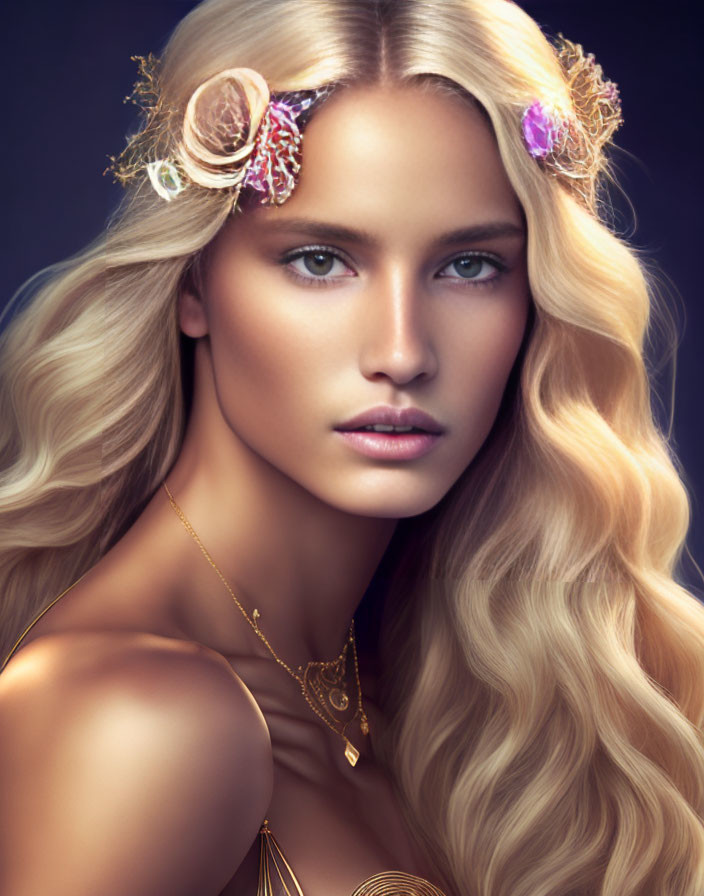 Blonde Woman with Floral Hair Accessories and Gold Jewelry on Blue Background