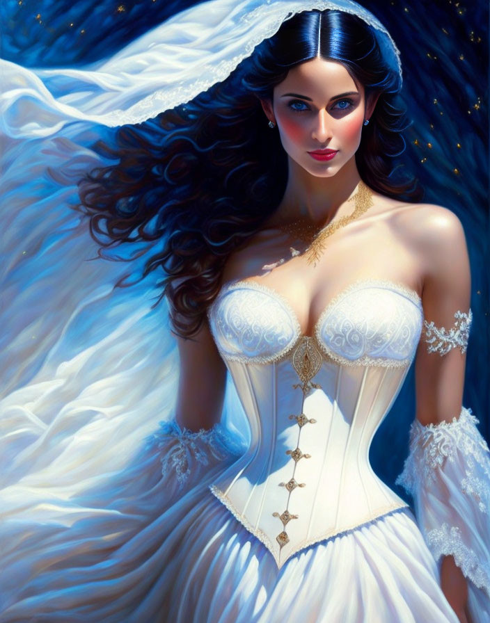 Woman in White Bridal Corset with Lace Detail and Blue Eyes