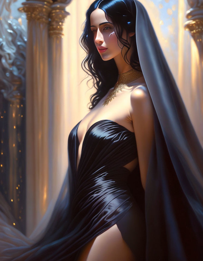 Illustration: Woman in black dress with long black hair and gold jewelry near glowing pillars