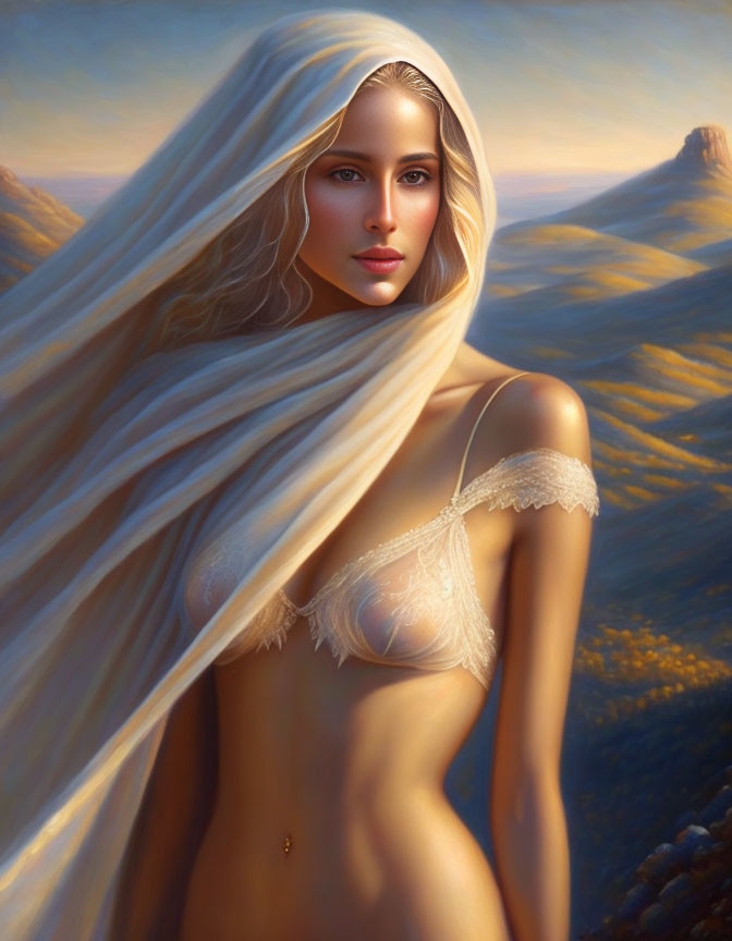 Blonde woman in sheer veil against golden landscape