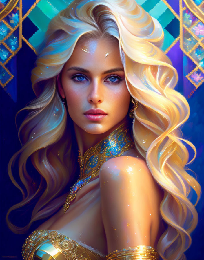 Illustrated portrait of woman with long blonde hair, blue eyes, gold jewelry, and forehead tattoo.