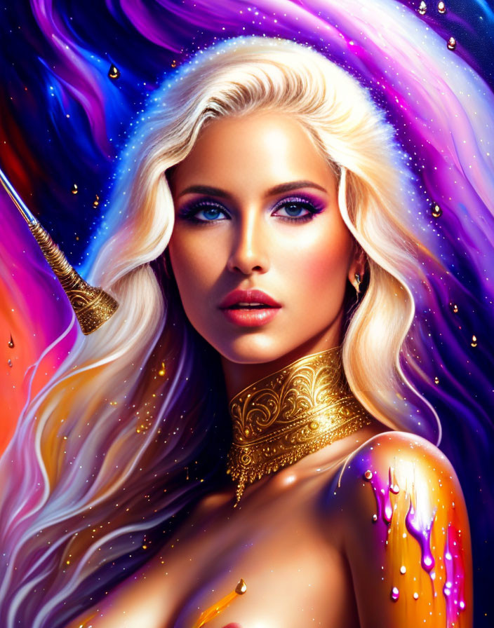 Colorful digital artwork: Woman with unicorn features, multicolored hair, blue eyes, golden accessories