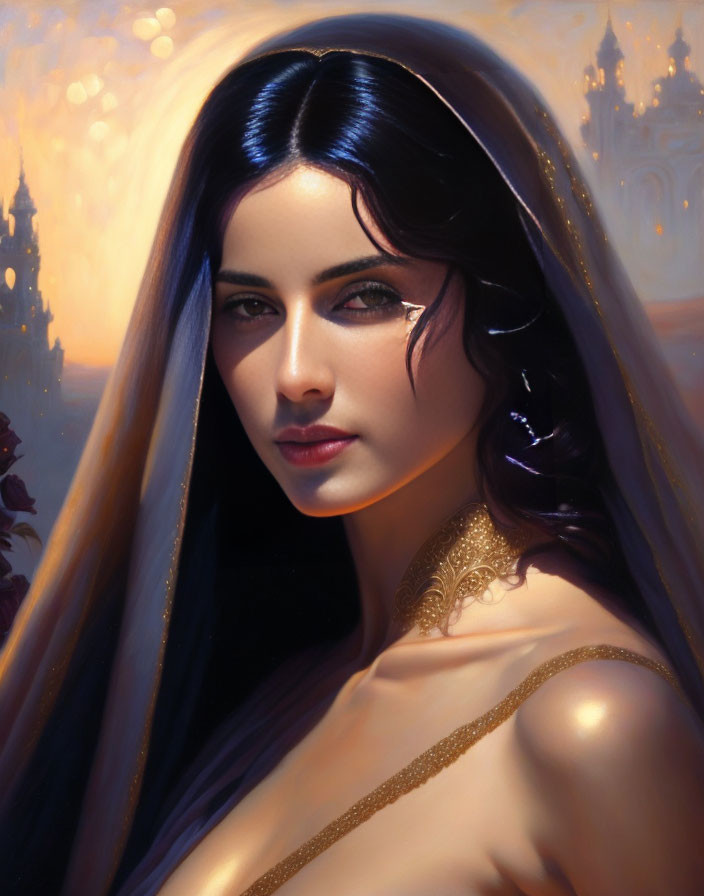 Digital art: Woman with dark hair and golden adornments in castle-like setting