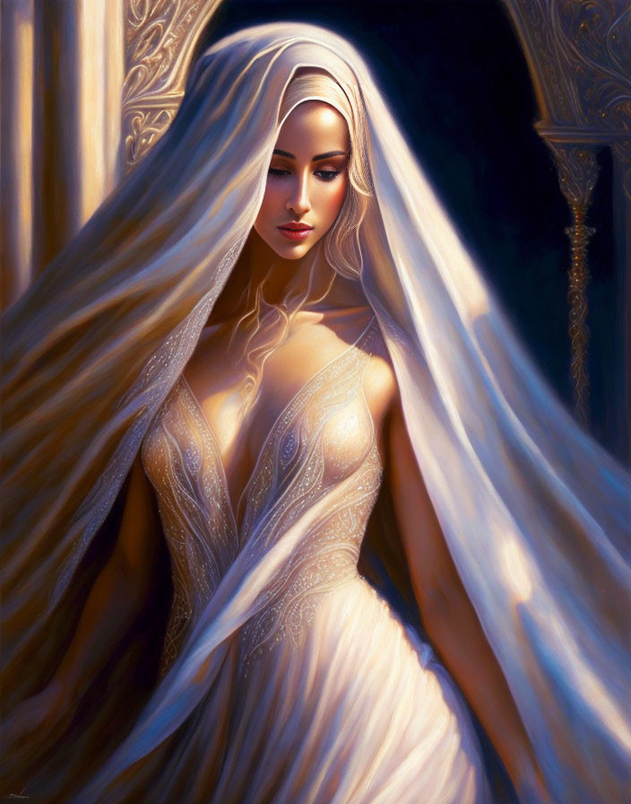 Detailed White Wedding Dress and Veil Illustration with Golden Light