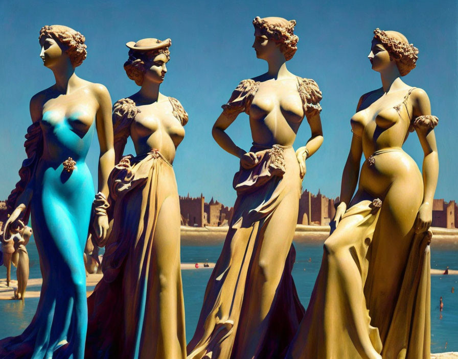 Four Identical Blue Statues of Women in Golden Drapery by Beach Scenery