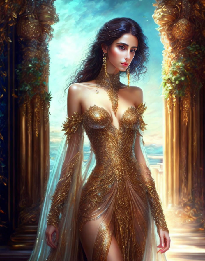 Detailed Gold Gown and Sheer Cape on Elegant Woman in Fantasy Setting