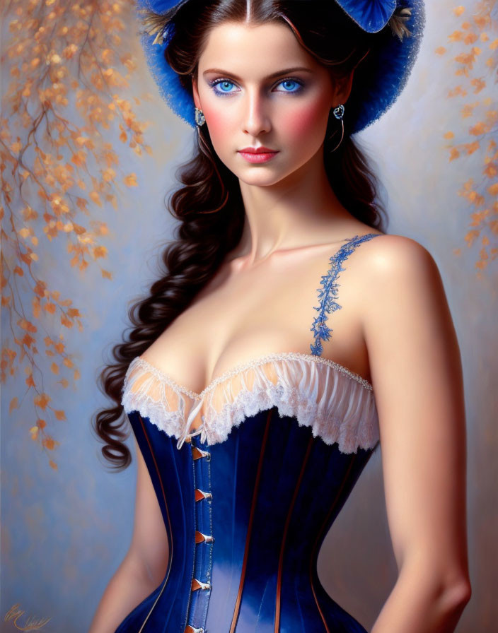 Digital artwork featuring woman with blue eyes in blue corset and hat against autumnal backdrop